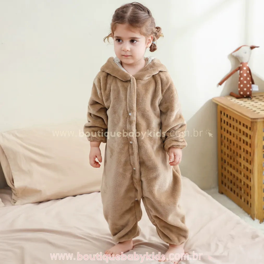 Macacão Bebê de Bichinho Ursinho Aconchego Pelúcia Quentinho com Capuz Bege - Boutique Baby Kids 