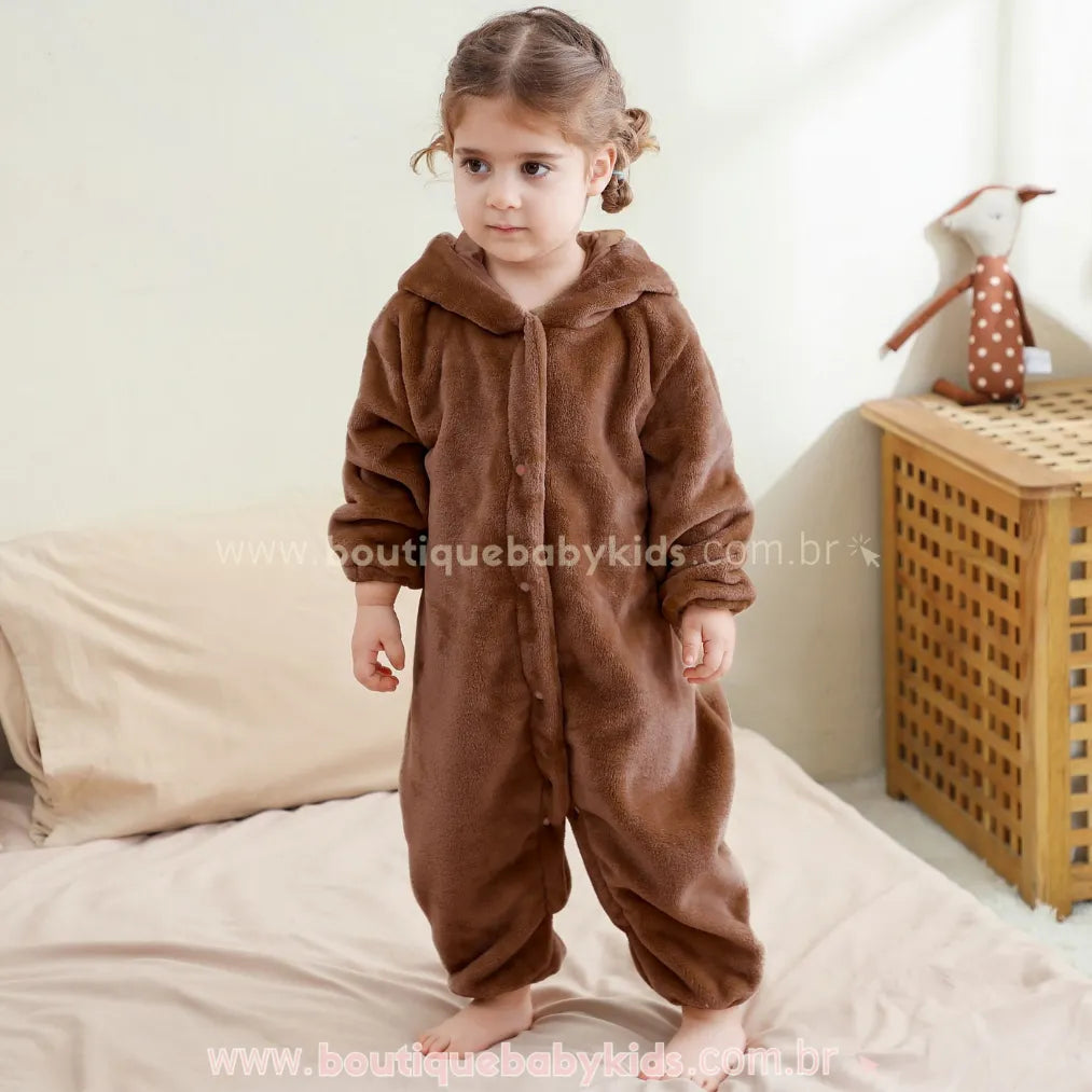 Macacão Bebê de Bichinho Ursinho Aconchego Pelúcia Quentinho com Capuz Marrom - Boutique Baby Kids 