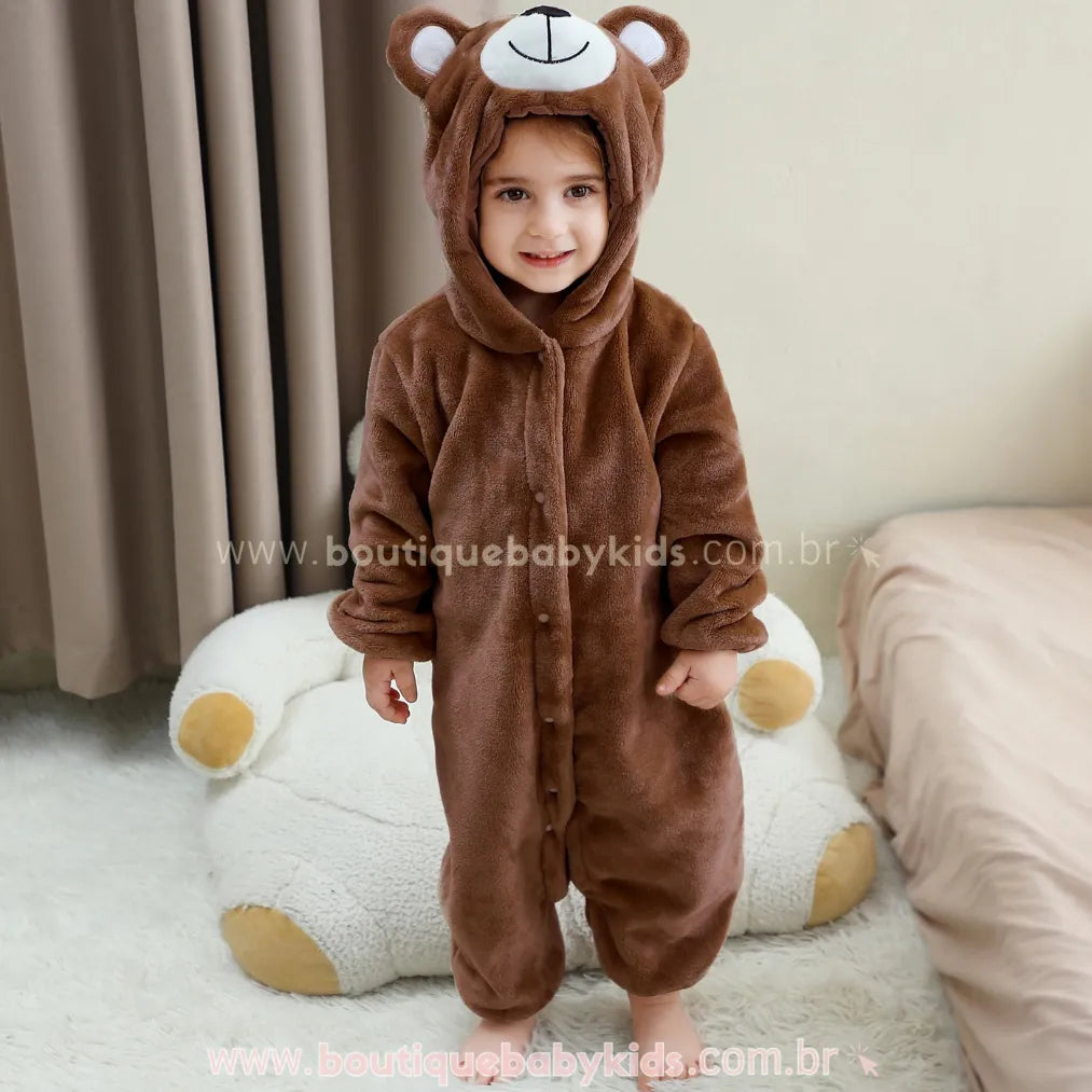 Macacão Bebê de Bichinho Ursinho Aconchego Pelúcia Quentinho com Capuz Marrom - Boutique Baby Kids 