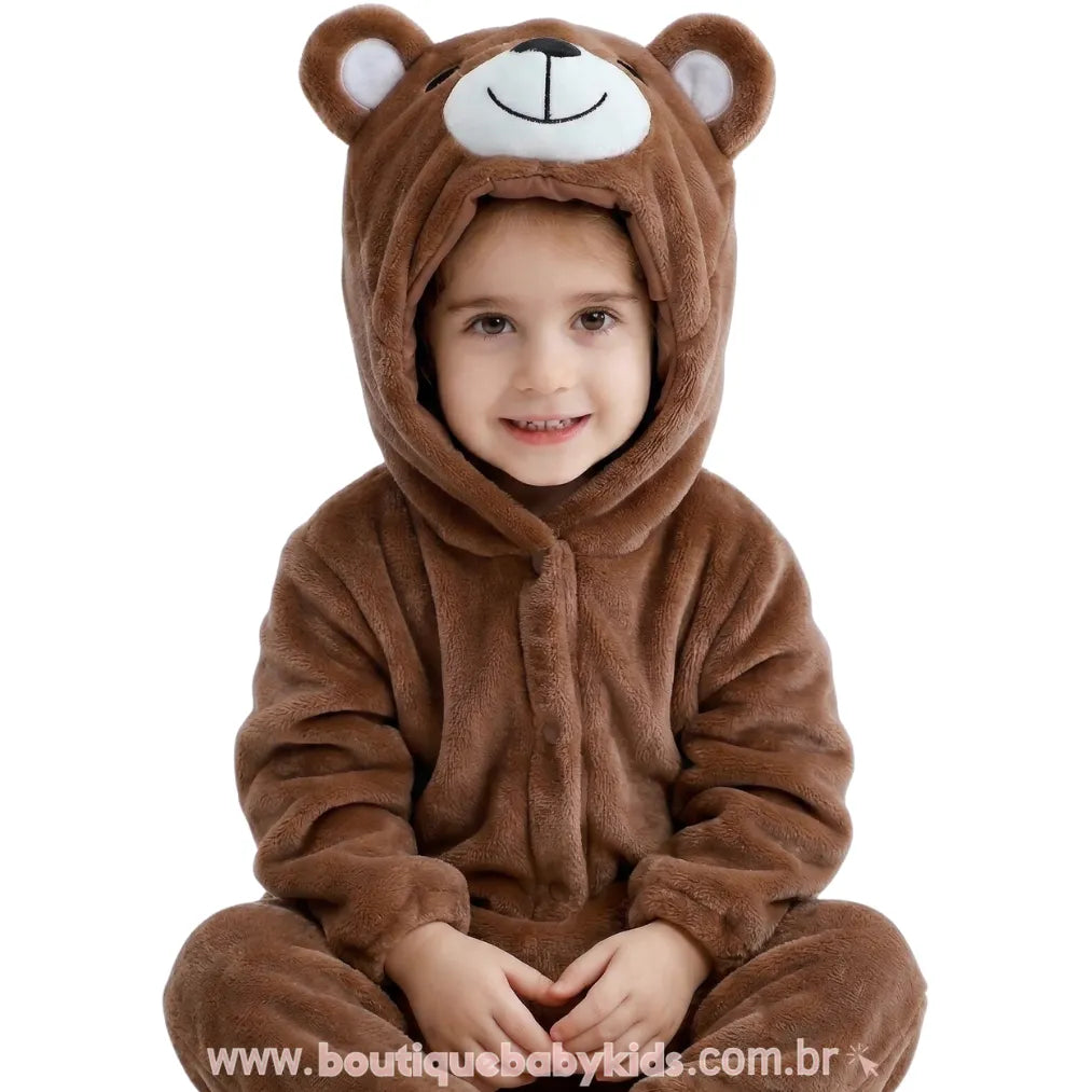 Macacão Bebê de Bichinho Ursinho Aconchego Pelúcia Quentinho com Capuz Marrom - Boutique Baby Kids #marrom