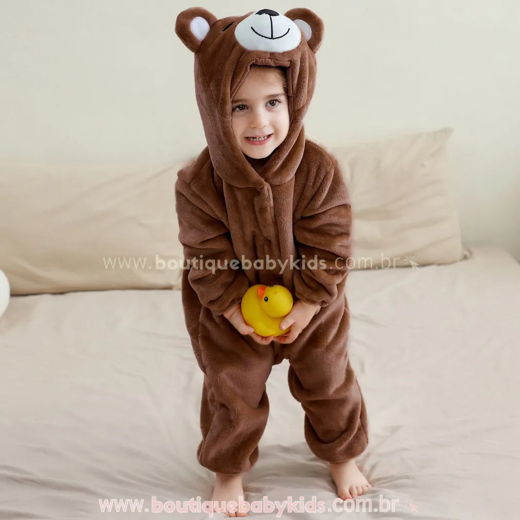 Macacão Bebê de Bichinho Ursinho Aconchego Pelúcia Quentinho com Capuz Marrom - Boutique Baby Kids 