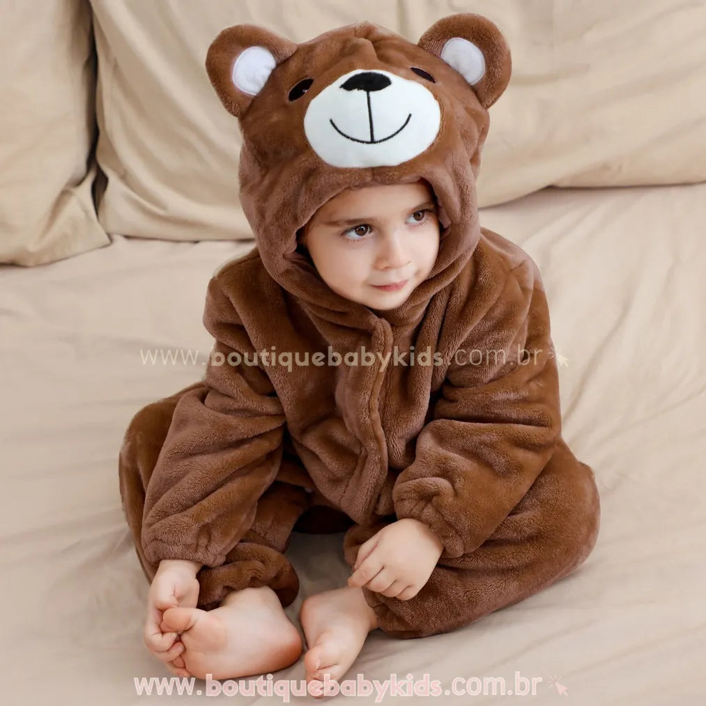 Macacão Bebê de Bichinho Ursinho Aconchego Pelúcia Quentinho com Capuz Marrom - Boutique Baby Kids 