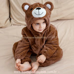 Macacão Bebê de Bichinho Ursinho Aconchego Pelúcia Quentinho com Capuz Marrom - Boutique Baby Kids 