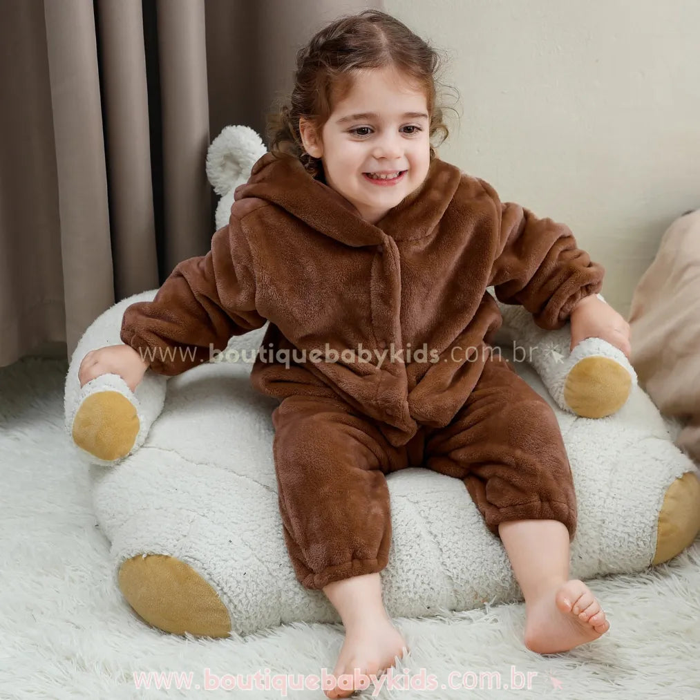 Macacão Bebê de Bichinho Ursinho Aconchego Pelúcia Quentinho com Capuz Marrom - Boutique Baby Kids 