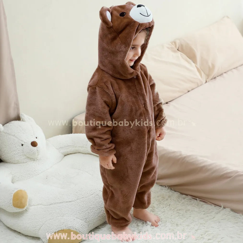 Macacão Bebê de Bichinho Ursinho Aconchego Pelúcia Quentinho com Capuz Marrom - Boutique Baby Kids 