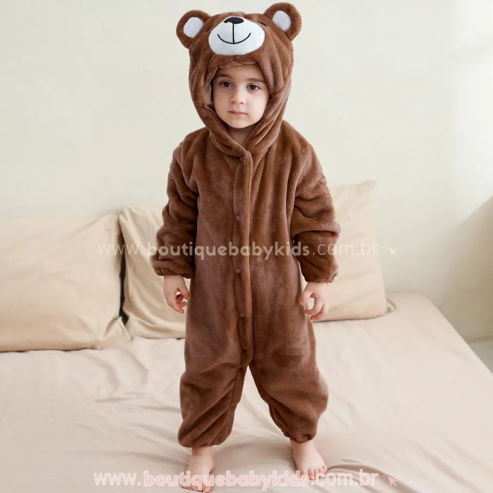Macacão Bebê de Bichinho Ursinho Aconchego Pelúcia Quentinho com Capuz Marrom - Boutique Baby Kids 