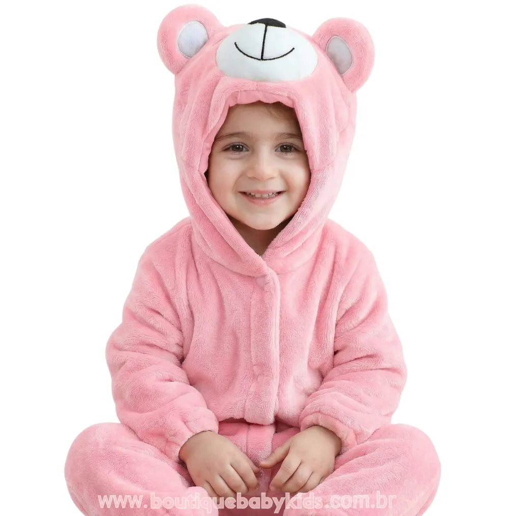 Macacão Bebê de Bichinho Ursinho Aconchego Pelúcia Quentinho com Capuz Rosa - Boutique Baby Kids 