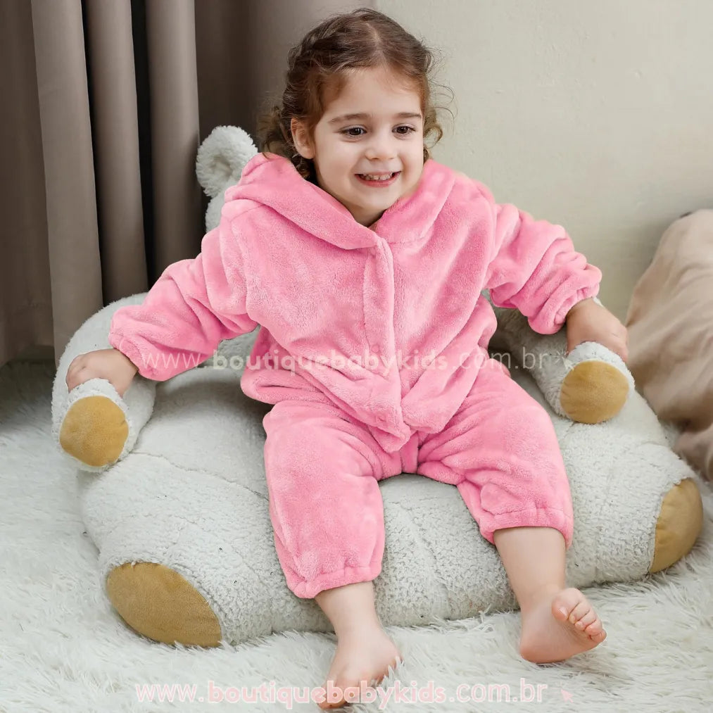 Macacão Bebê de Bichinho Ursinho Aconchego Pelúcia Quentinho com Capuz Rosa - Boutique Baby Kids 