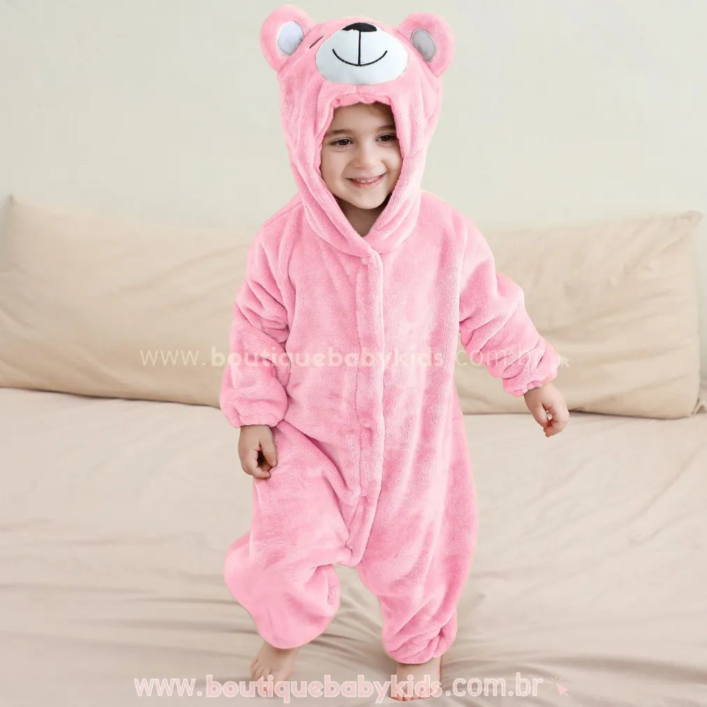 Macacão Bebê de Bichinho Ursinho Aconchego Pelúcia Quentinho com Capuz Rosa - Boutique Baby Kids 