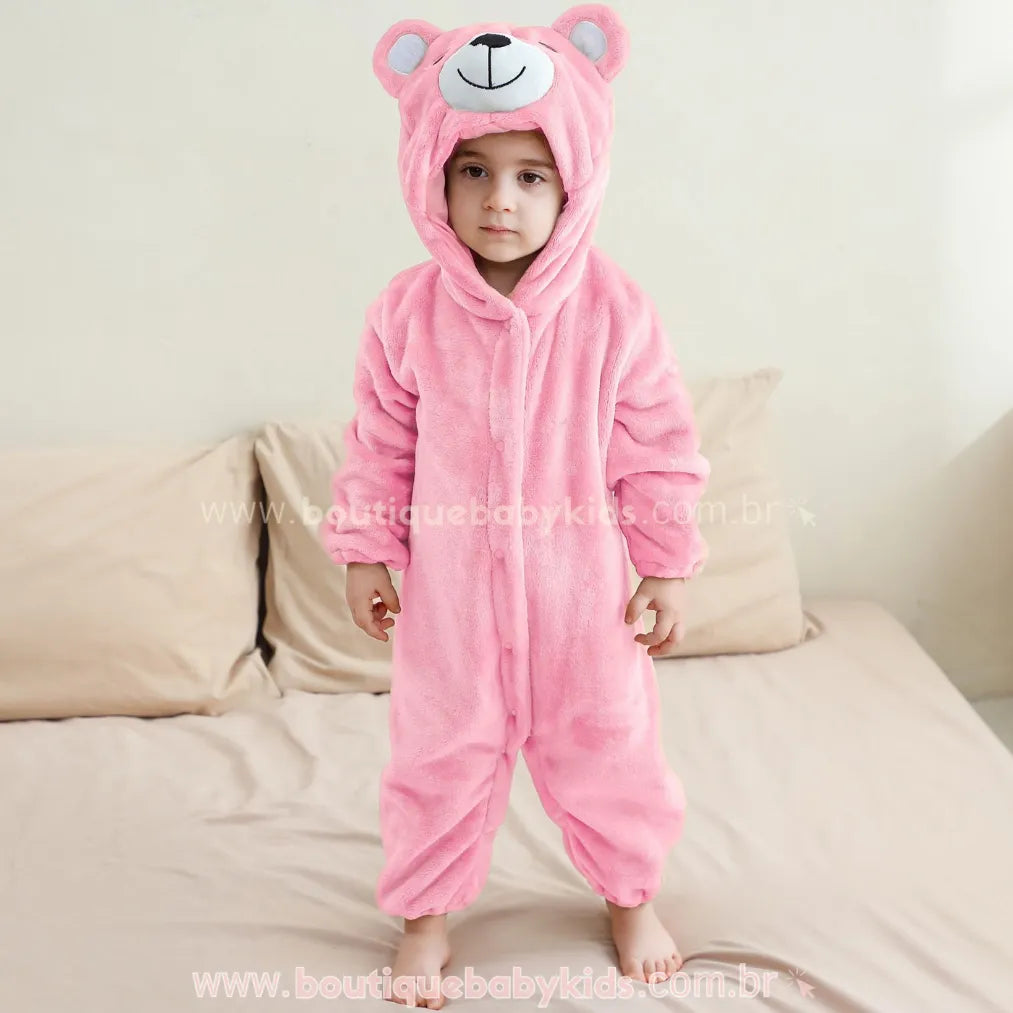 Macacão Bebê de Bichinho Ursinho Aconchego Pelúcia Quentinho com Capuz Rosa - Boutique Baby Kids 