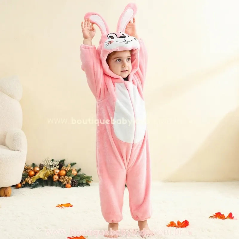 Macacão Bebê Temático Fantasia Coelhinha da Páscoa Rosa com Capuz Orehlinhas 3D - Boutique Baby Kids