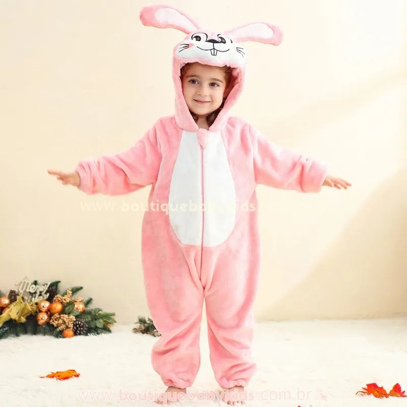 Macacão Bebê Temático Fantasia Coelhinha da Páscoa Rosa com Capuz Orehlinhas 3D - Boutique Baby Kids