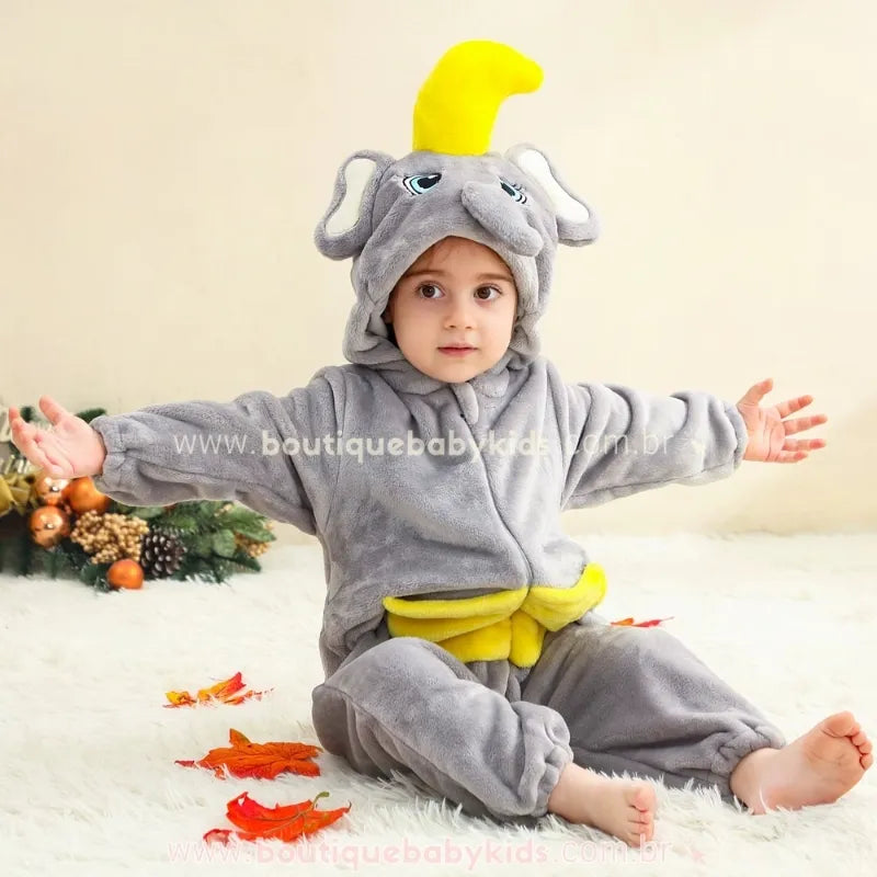 Macacão Bebê Temático Fantasia Elefante Dumbo com Capuz - Boutique Baby Kids