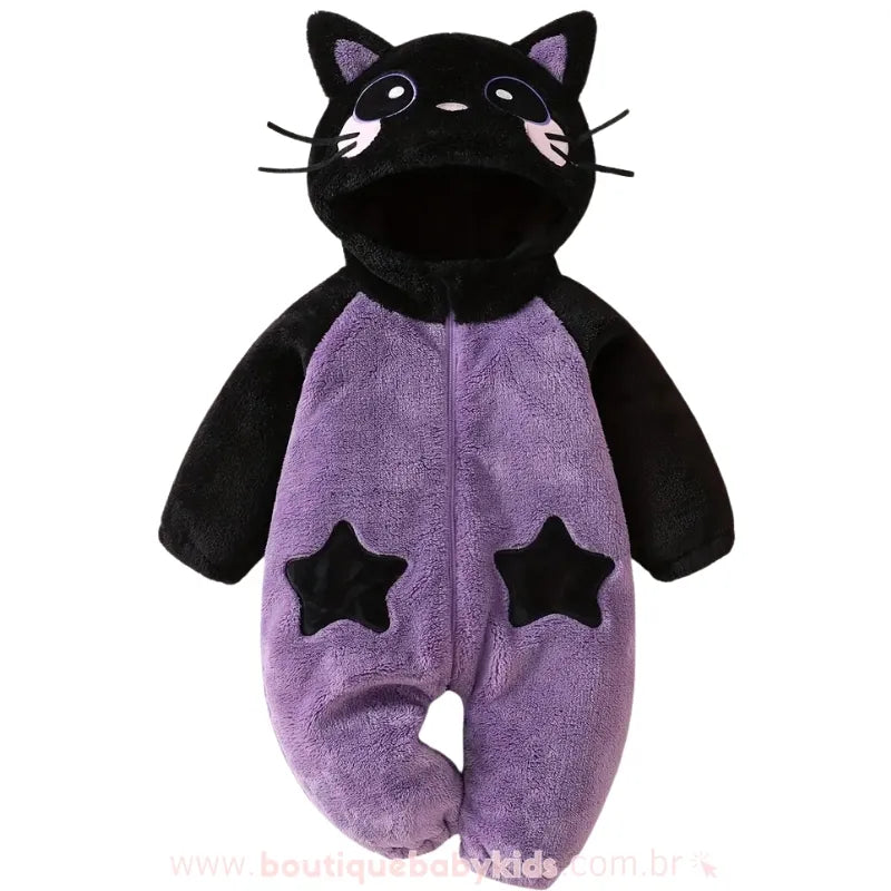 Macacão Bebê Fantasia de Gatinho Halloween com Capuz 3D Roxo e Preto - Boutique Baby Kids