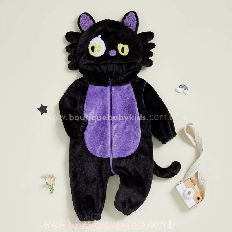 Macacão Bebê Temático Halloween Gatinho Travesso Preto e Roxo - Boutique Baby Kids