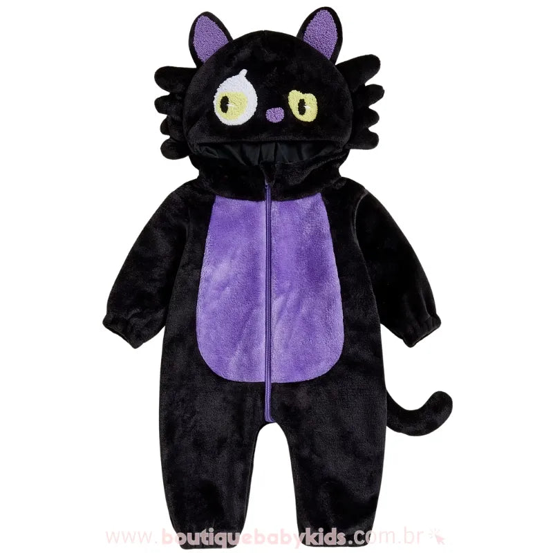 Macacão Bebê Temático Halloween Gatinho Travesso Preto e Roxo - Boutique Baby Kids