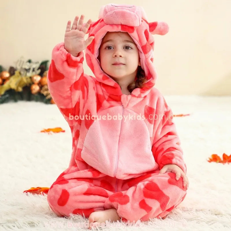 Macacão Bebê Temático Fantasia Girafa Cor-de-Rosa com Capuz 3D - Boutique Baby Kids