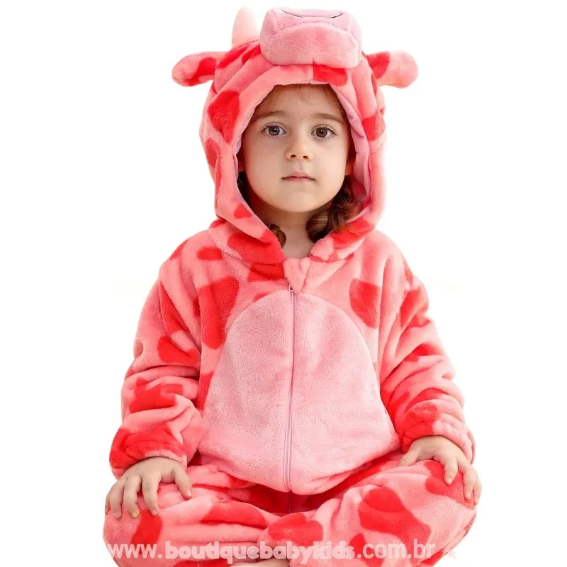 Macacão Bebê Temático Fantasia Girafa Cor-de-Rosa com Capuz 3D - Boutique Baby Kids