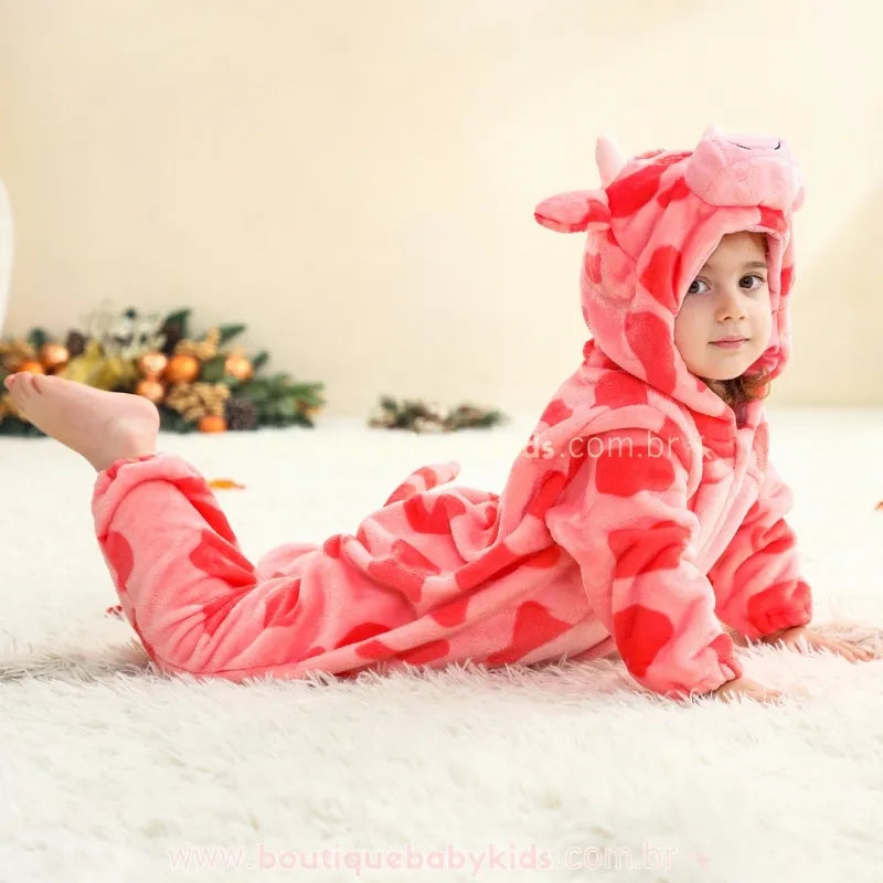 Macacão Bebê Temático Fantasia Girafa Cor-de-Rosa com Capuz 3D - Boutique Baby Kids