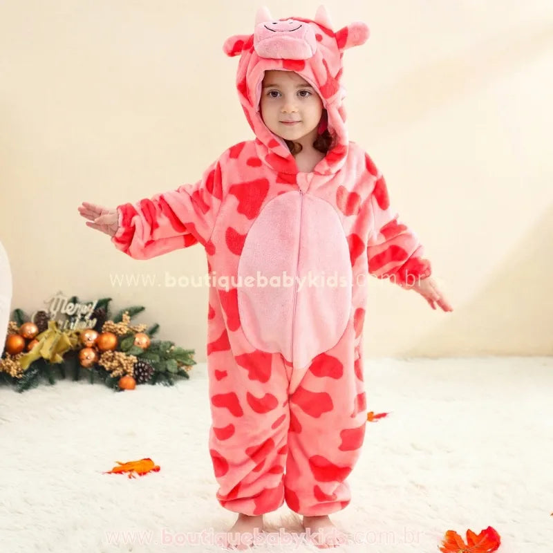 Macacão Bebê Temático Fantasia Girafa Cor-de-Rosa com Capuz 3D - Boutique Baby Kids