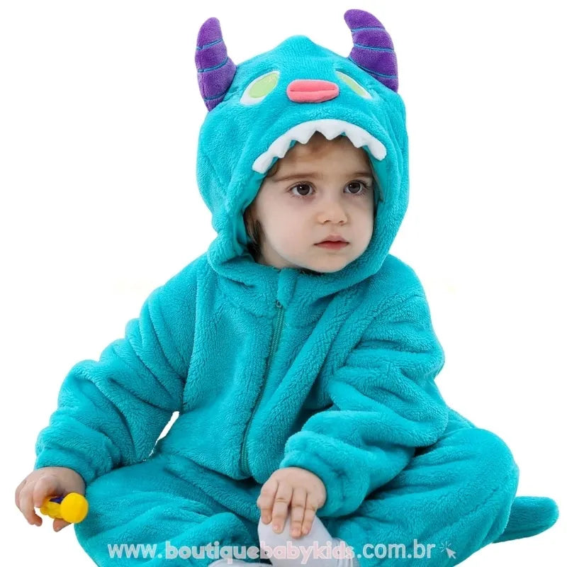 Macacão Bebê Temático Fantasia Monstrinho Azul com Capuz - Boutique Baby Kids