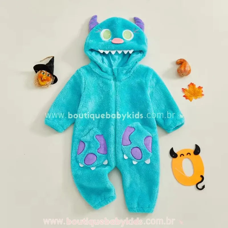 Macacão Bebê Temático Fantasia Monstrinho Azul com Capuz - Boutique Baby Kids