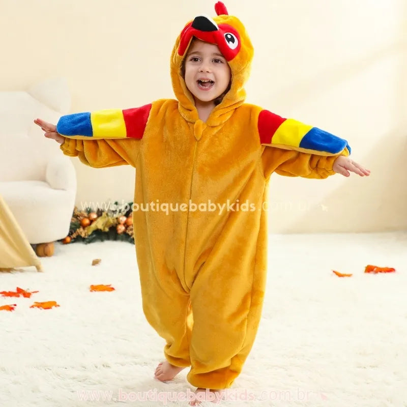 Macacão Bebê Fantasia Bichinho Papagaio Tropical Asas Coloridas com Capuz - Boutique Baby Kids