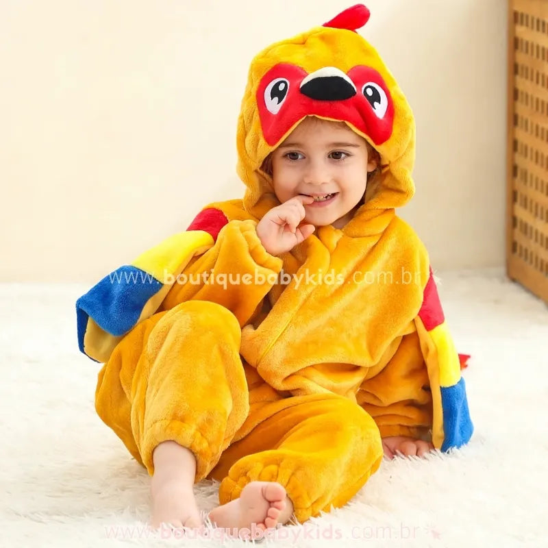 Macacão Bebê Fantasia Bichinho Papagaio Tropical Asas Coloridas com Capuz - Boutique Baby Kids