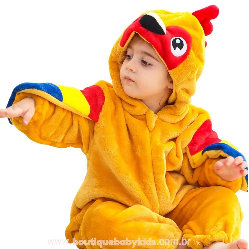 Macacão Bebê Fantasia Bichinho Papagaio Tropical Asas Coloridas com Capuz - Boutique Baby Kids