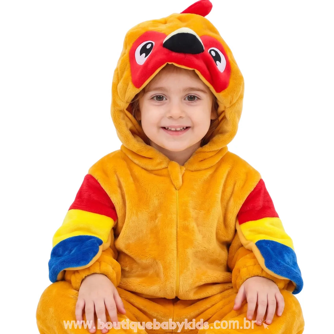 Macacão Bebê Fantasia Bichinho Papagaio Tropical Asas Coloridas com Capuz - Boutique Baby Kids