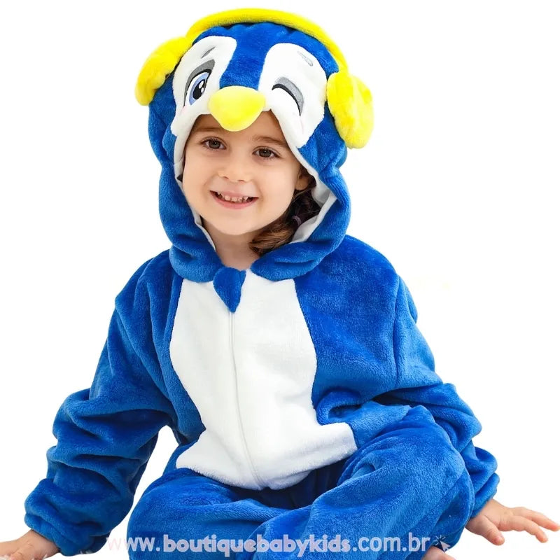 Macacão Bebê Temático Fantasia Bichinho Pinguim Azul com Capuz - Boutique Baby Kids