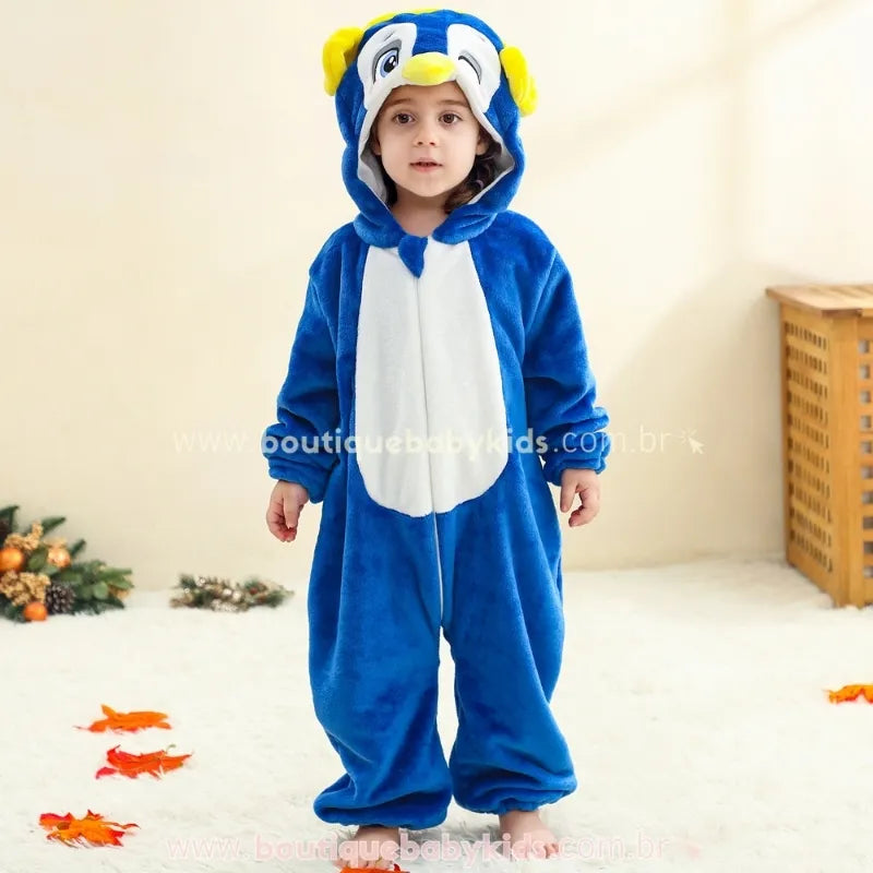 Macacão Bebê Temático Fantasia Bichinho Pinguim Azul com Capuz - Boutique Baby Kids