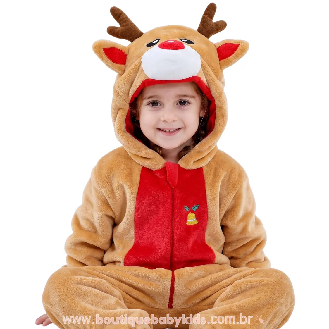 Macacão Bebê Fantasia de Rena do Natal com Capuz 3D - Boutique Baby Kids