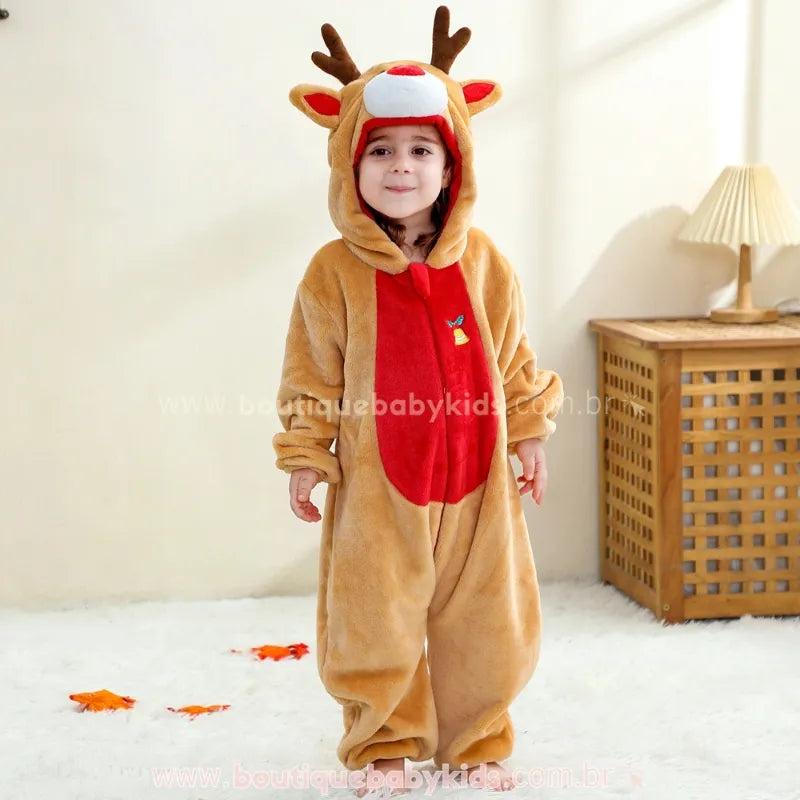 Macacão Bebê Fantasia de Rena do Natal com Capuz 3D - Boutique Baby Kids