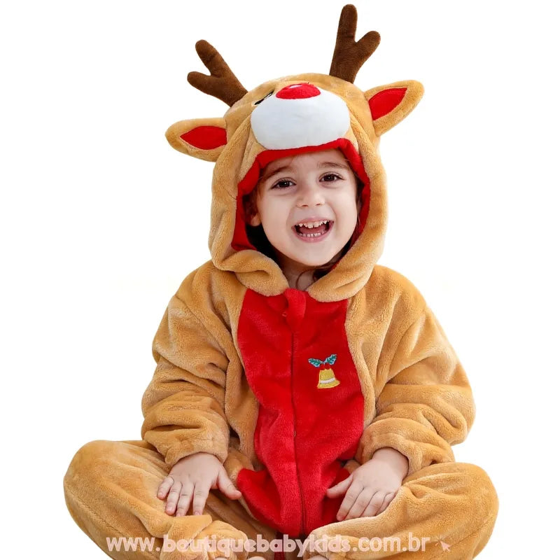 Macacão Bebê Fantasia de Rena do Natal com Capuz 3D - Boutique Baby Kids