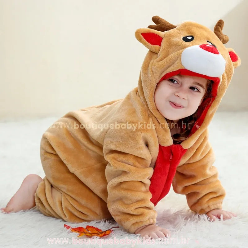Macacão Bebê Fantasia de Rena do Natal com Capuz 3D - Boutique Baby Kids