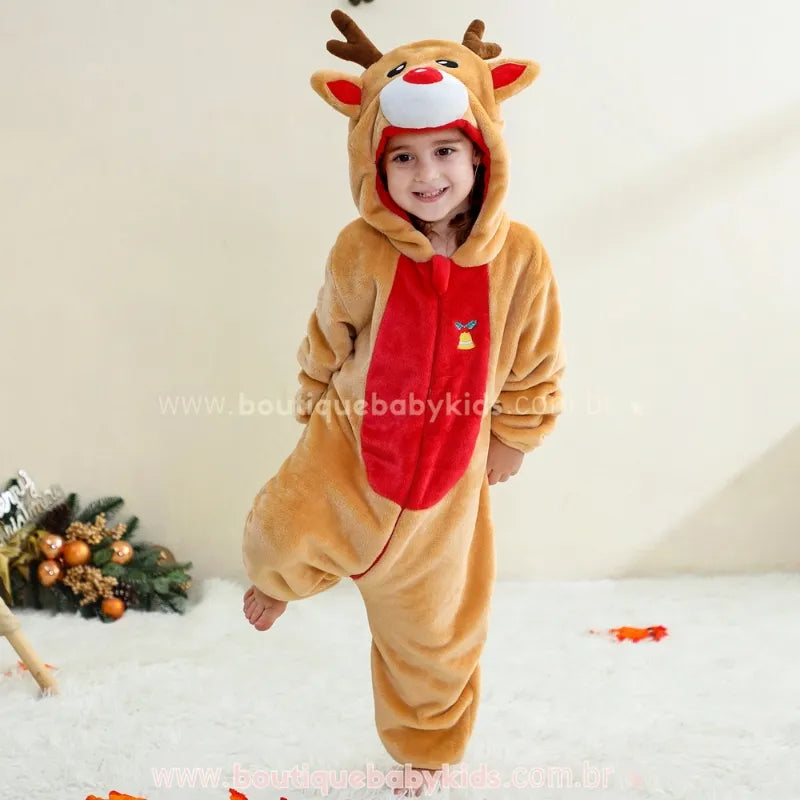 Macacão Bebê Fantasia de Rena do Natal com Capuz 3D - Boutique Baby Kids