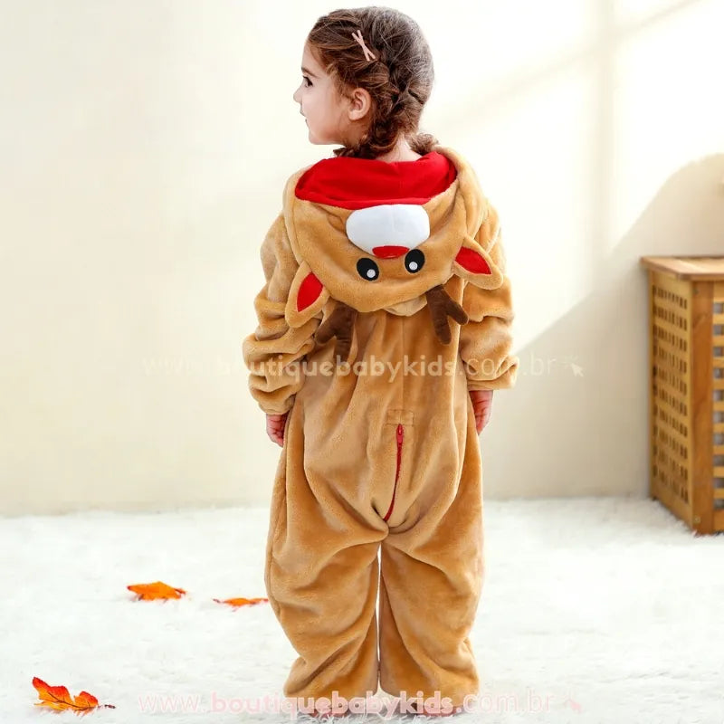 Macacão Bebê Fantasia de Rena do Natal com Capuz 3D - Boutique Baby Kids