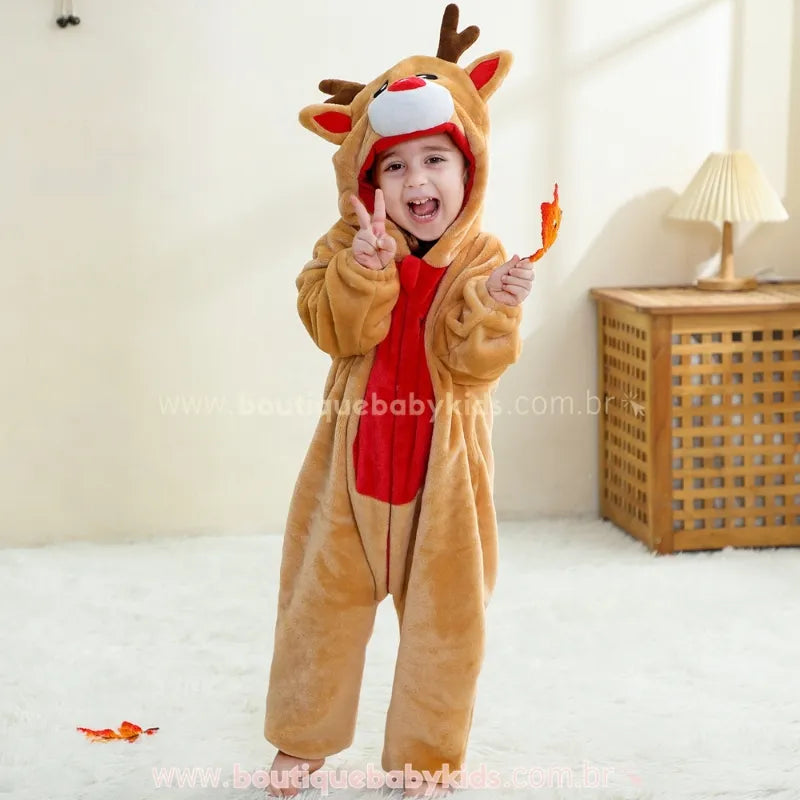 Macacão Bebê Fantasia de Rena do Natal com Capuz 3D - Boutique Baby Kids