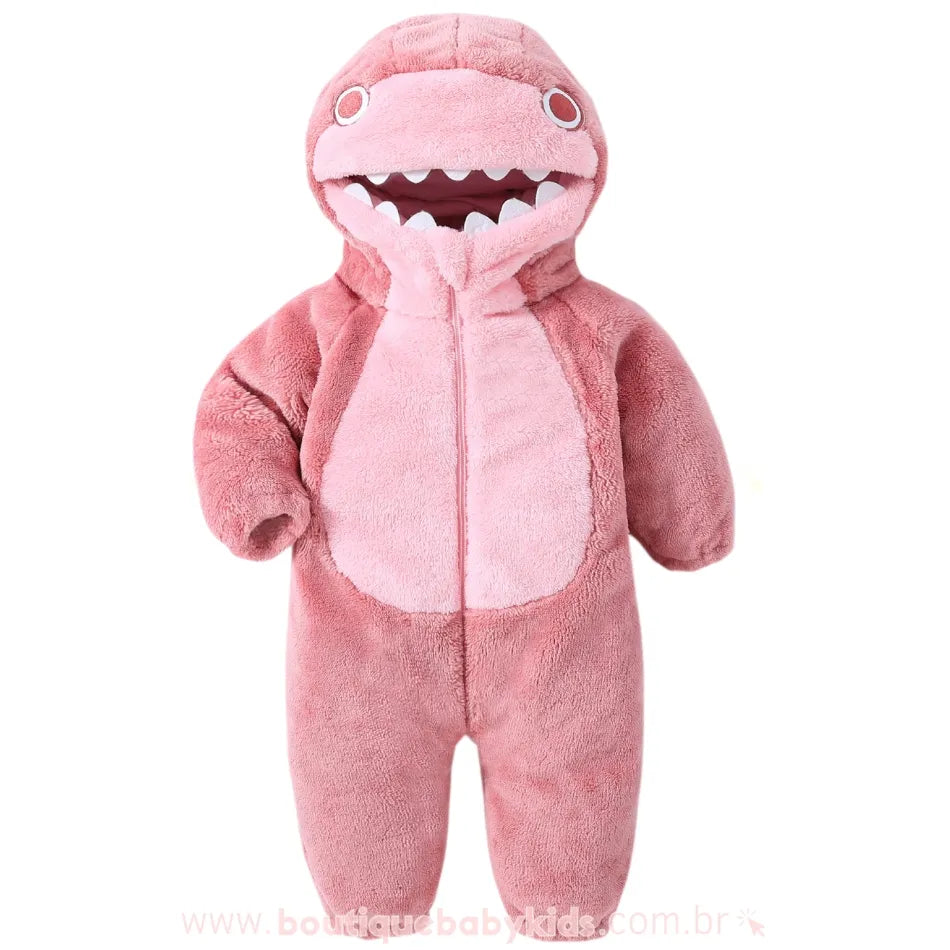 Macacão Bebê Fantasia de Tubarão Rosa Peluciado e Quentinho 