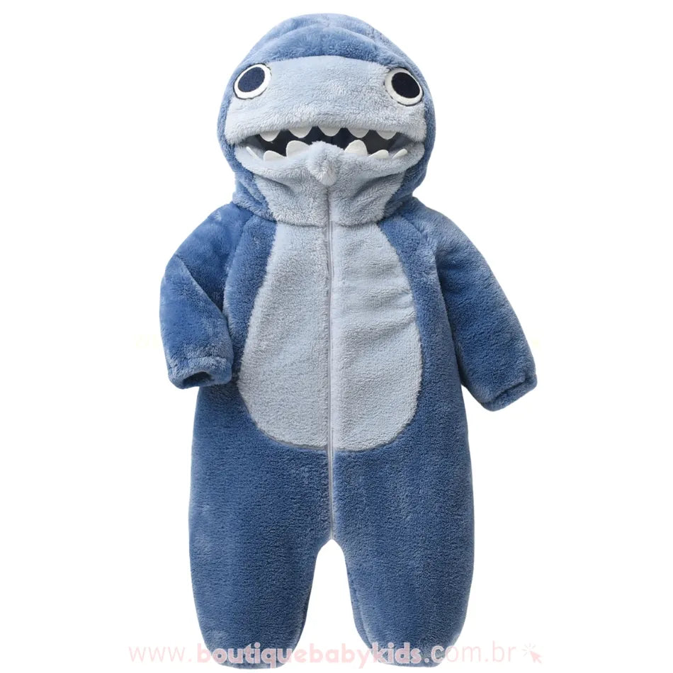 Macacão Bebê Fantasia de Tubarão Azul Peluciado e Quentinho #azul