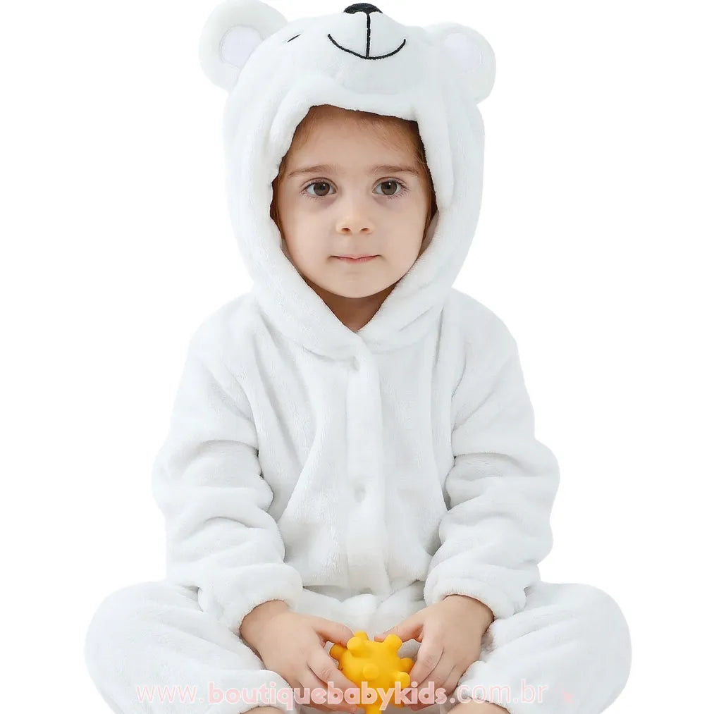 Macacão Bebê de Bichinho Ursinho Aconchego Pelúcia Quentinho com Capuz Branco - Boutique Baby Kids 