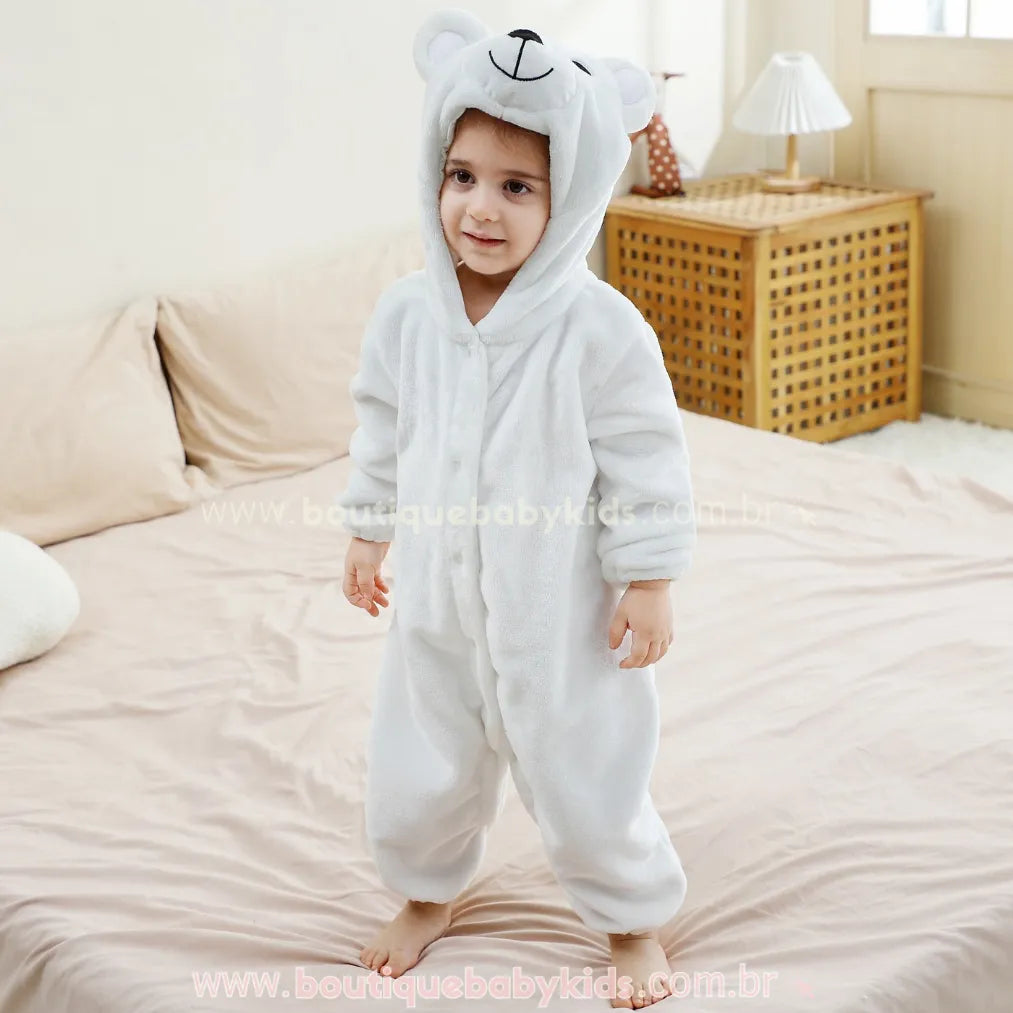 Macacão Bebê de Bichinho Ursinho Aconchego Pelúcia Quentinho com Capuz Branco - Boutique Baby Kids 