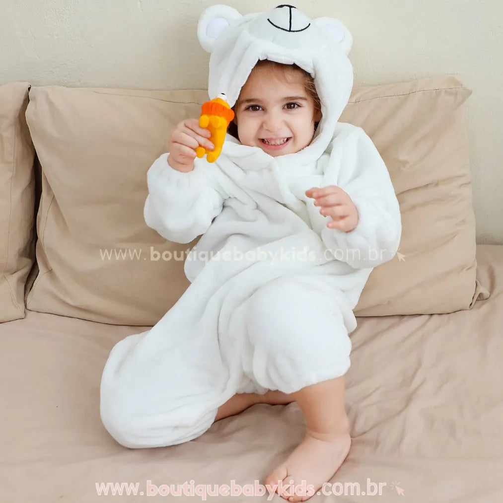 Macacão Bebê de Bichinho Ursinho Aconchego Pelúcia Quentinho com Capuz Branco - Boutique Baby Kids 