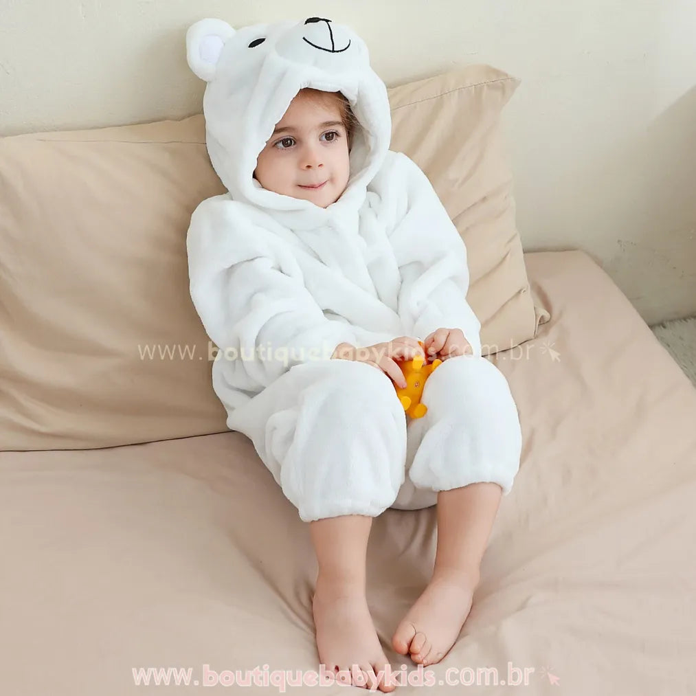 Macacão Bebê de Bichinho Ursinho Aconchego Pelúcia Quentinho com Capuz Branco - Boutique Baby Kids 
