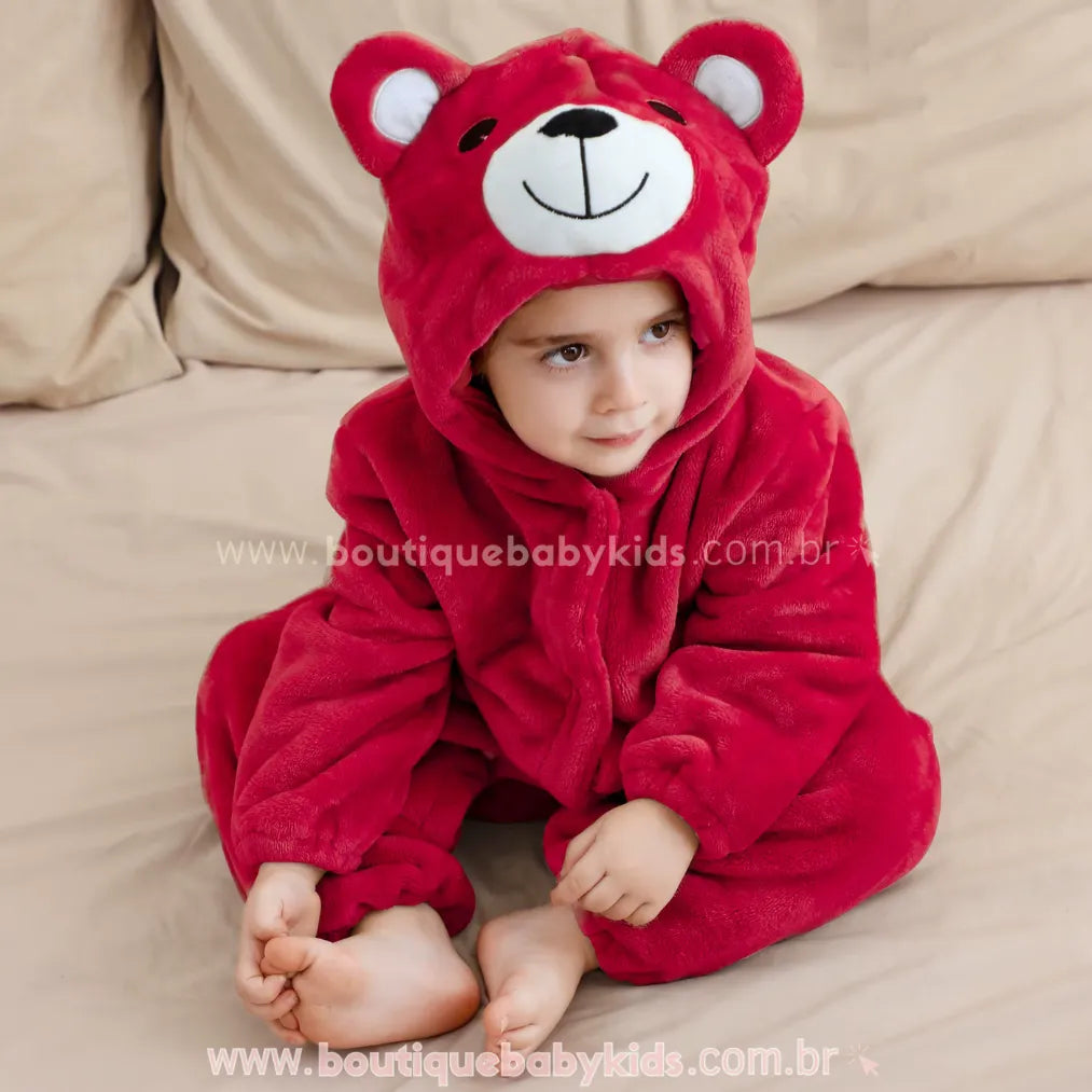 Macacão Bebê de Bichinho Ursinho Aconchego Pelúcia Quentinho com Capuz Vermelho - Boutique Baby Kids 