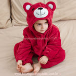 Macacão Bebê de Bichinho Ursinho Aconchego Pelúcia Quentinho com Capuz Vermelho - Boutique Baby Kids 