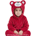 Macacão Bebê de Bichinho Ursinho Aconchego Pelúcia Quentinho com Capuz Vermelho - Boutique Baby Kids 