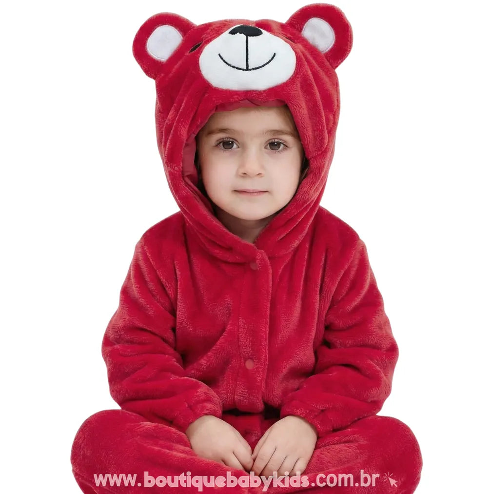 Macacão Bebê de Bichinho Ursinho Aconchego Pelúcia Quentinho com Capuz Vermelho - Boutique Baby Kids 