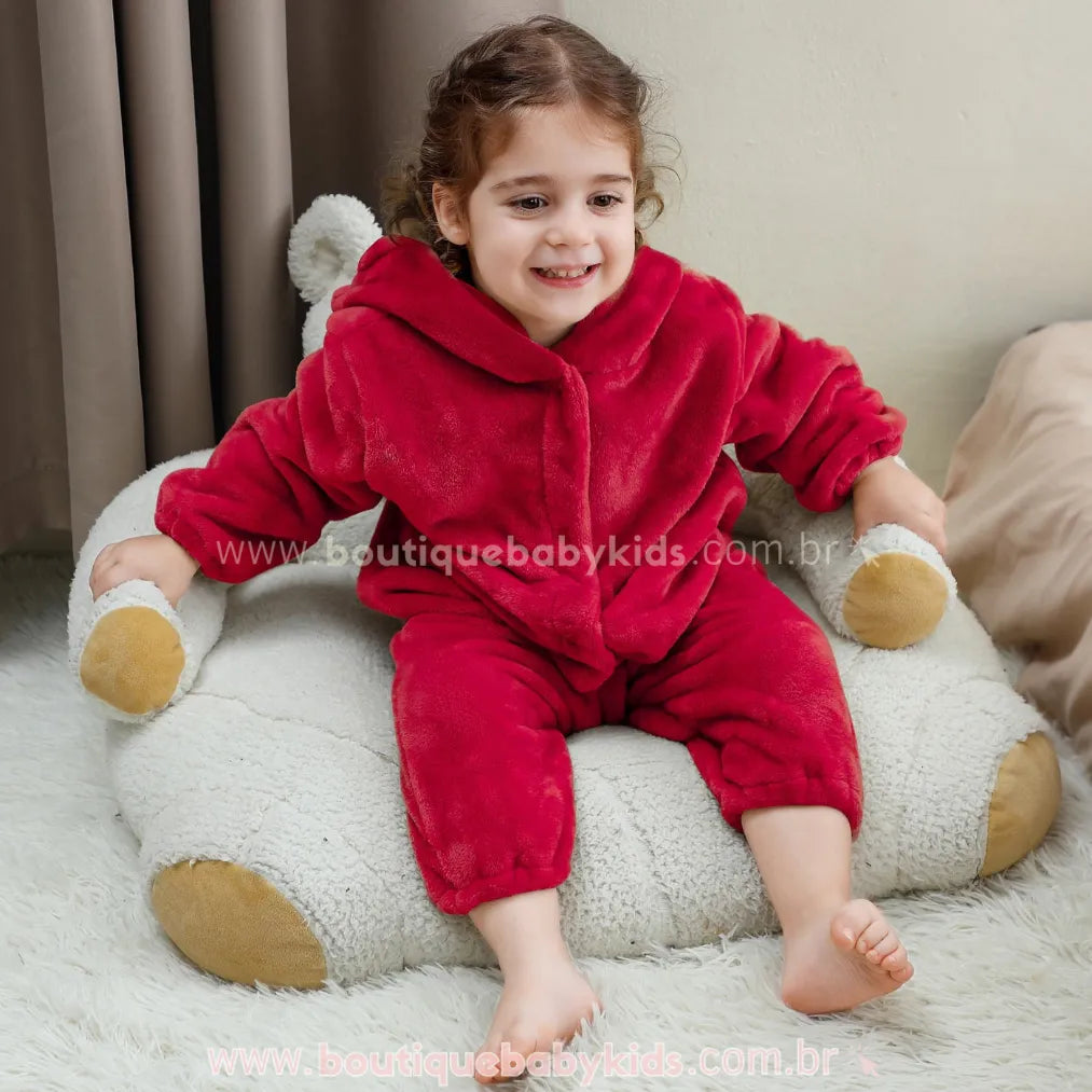 Macacão Bebê de Bichinho Ursinho Aconchego Pelúcia Quentinho com Capuz Vermelho - Boutique Baby Kids 